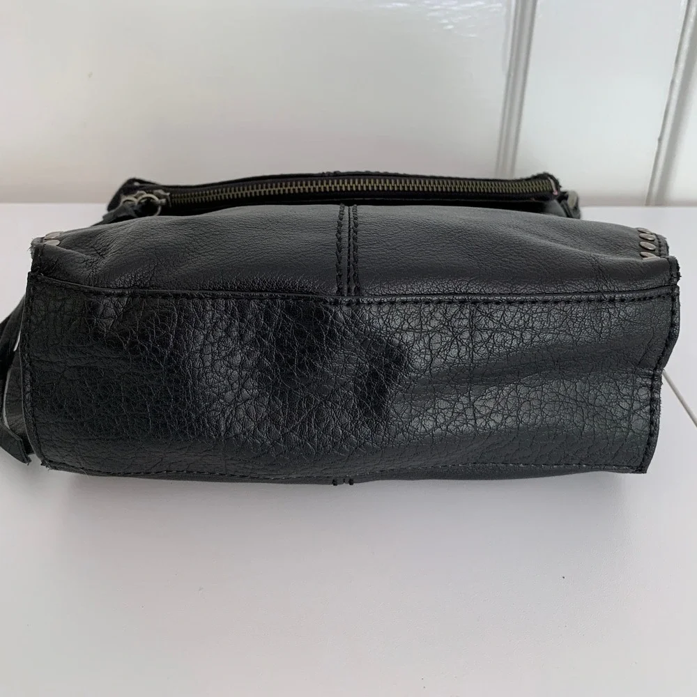 The Sak Silverlake Crossbody Purse / Black Studded Leather Moto Bag w Fringe Zip